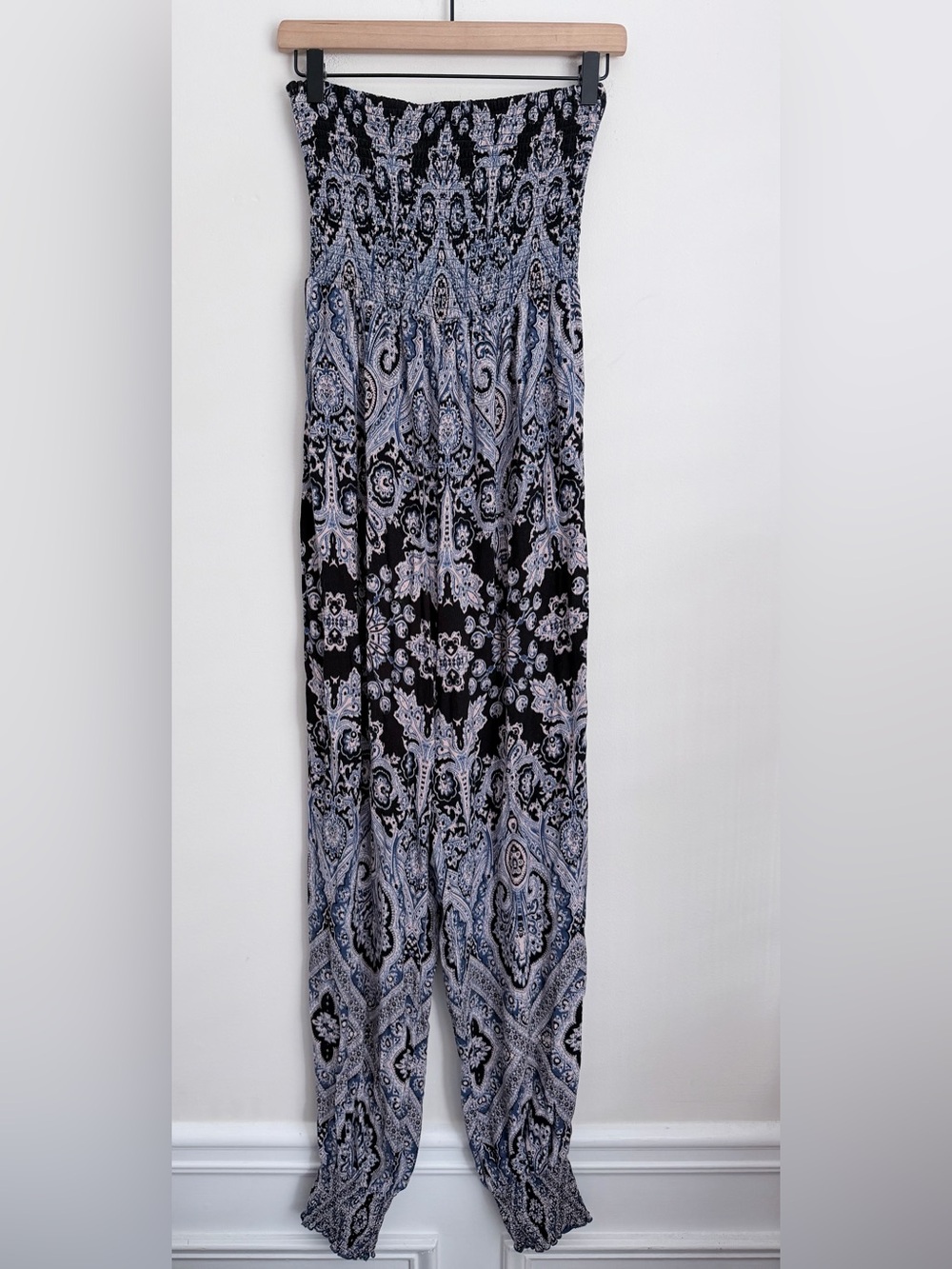 Free People Thinking Of You Printed Strapless Jumpsuit smocked Blue Boho